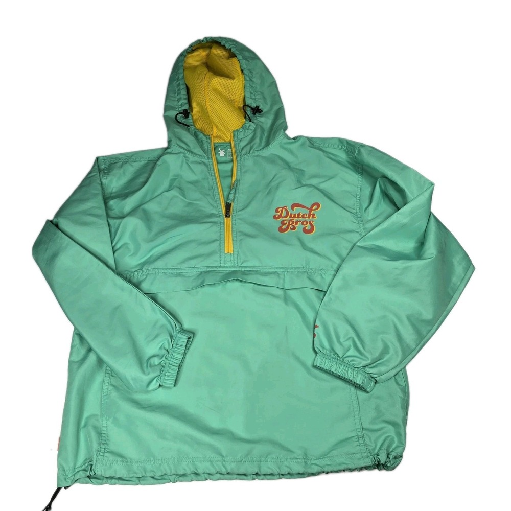 Dutch Bros Coffee Windbreaker Jacket Mens Medium Green Yellow Anorak Pullover M